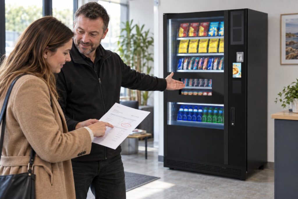Buyer checks a quotation date with a supplier beside a vending machine
