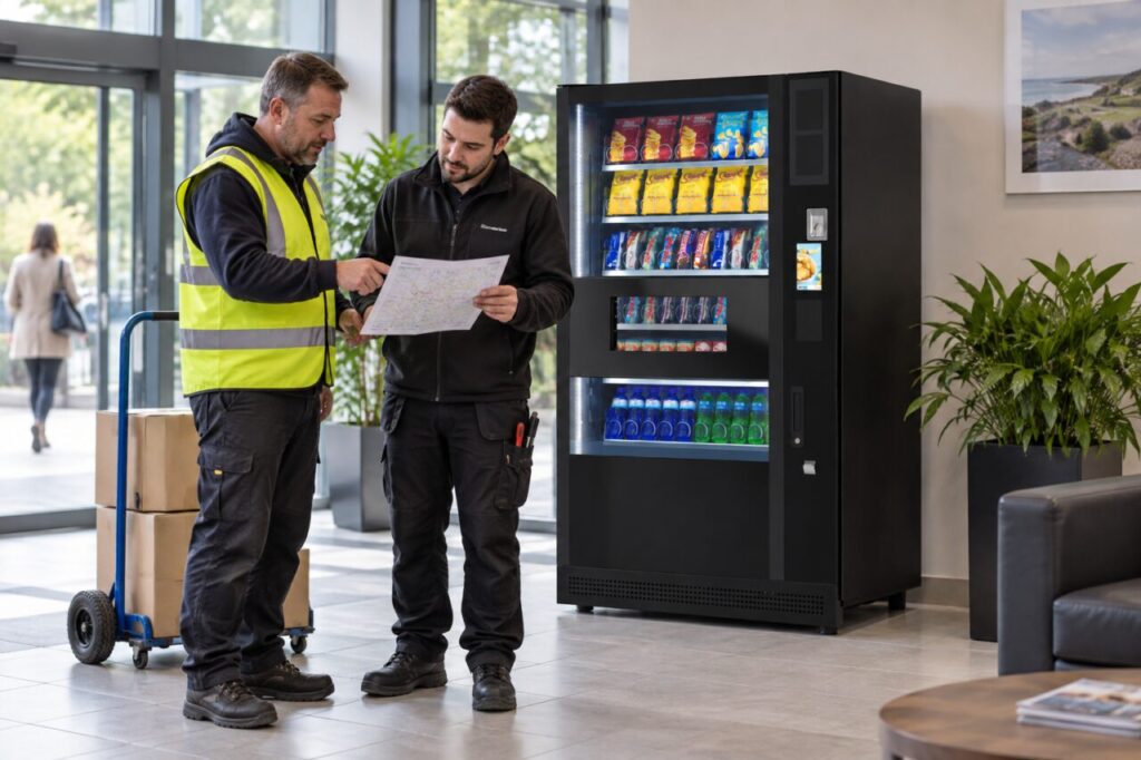 Delivery and installation teams review their handover beside vending equipment