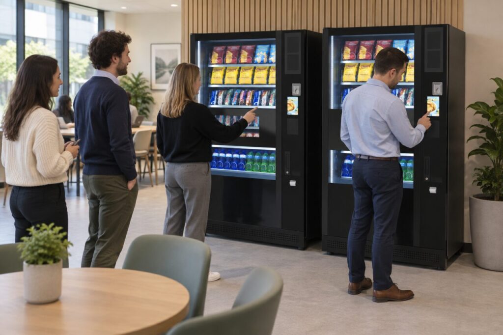 Office customers use two vending purchase points during a shared break