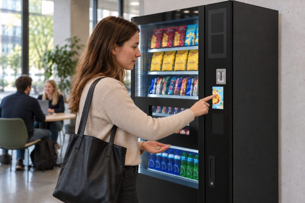 Customer prepares a coin purchase at a vending machine