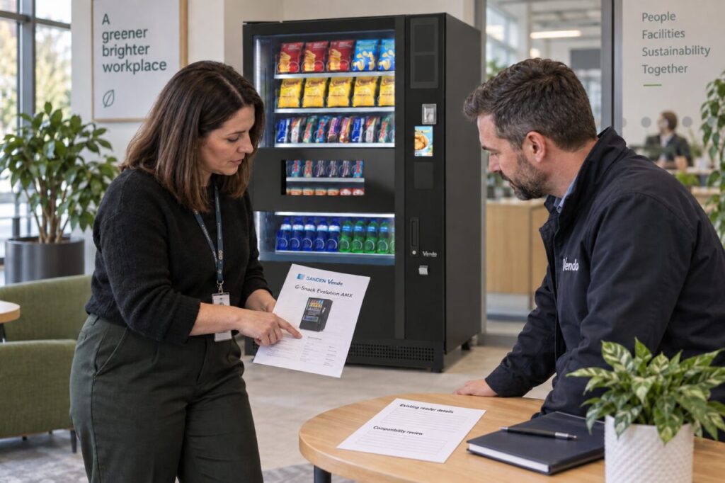 Supplier reviews existing card-reader details beside a replacement vending machine