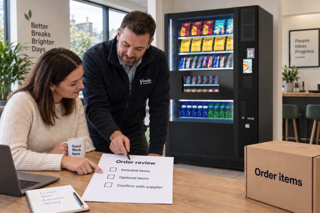 Buyer checks included vending accessories against the purchase record