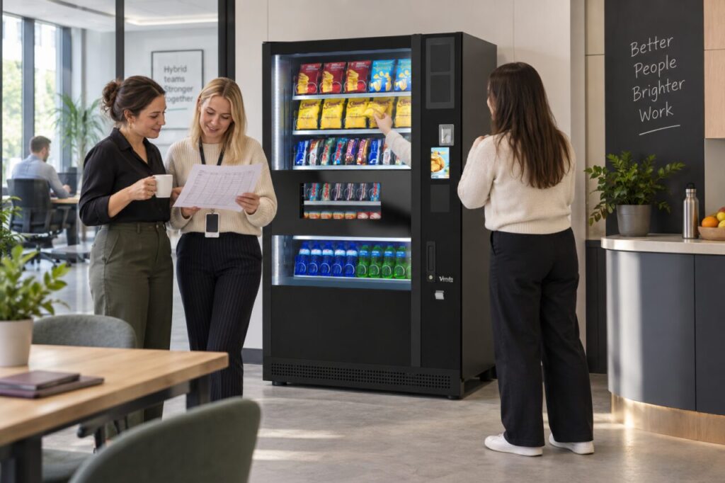 Office coordinators review aggregate attendance beside workplace vending