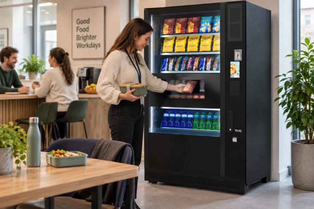 Employee collects a vending snack alongside a separate packed lunch