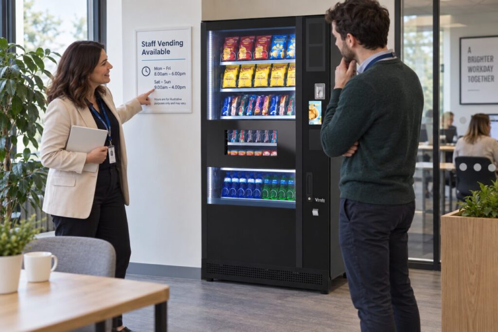 Employee reads an employer-funded vending availability notice