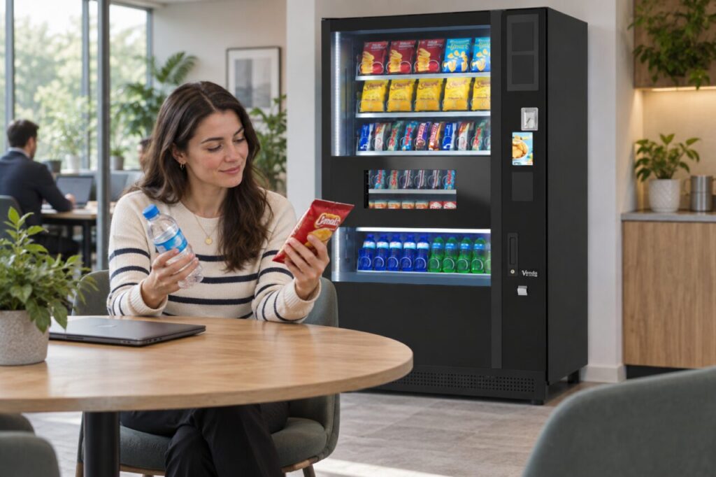 Customer compares a snack and drink bought from a vending machine