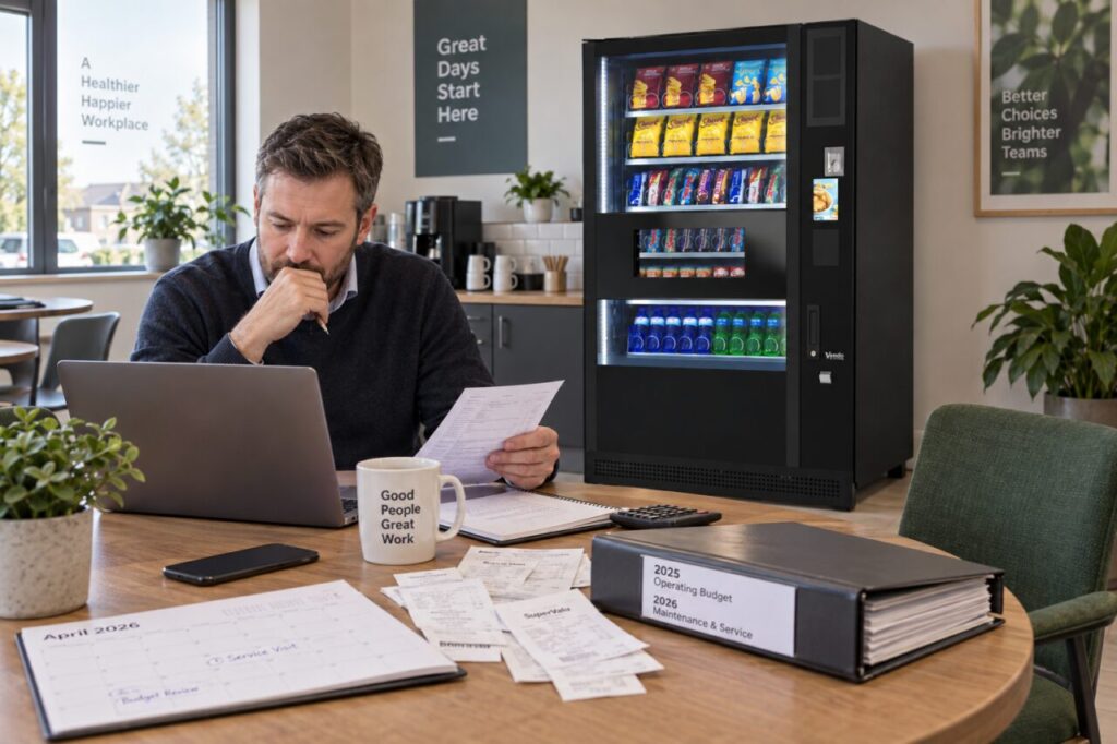 Business owner reviews a second-year budget beside vending equipment