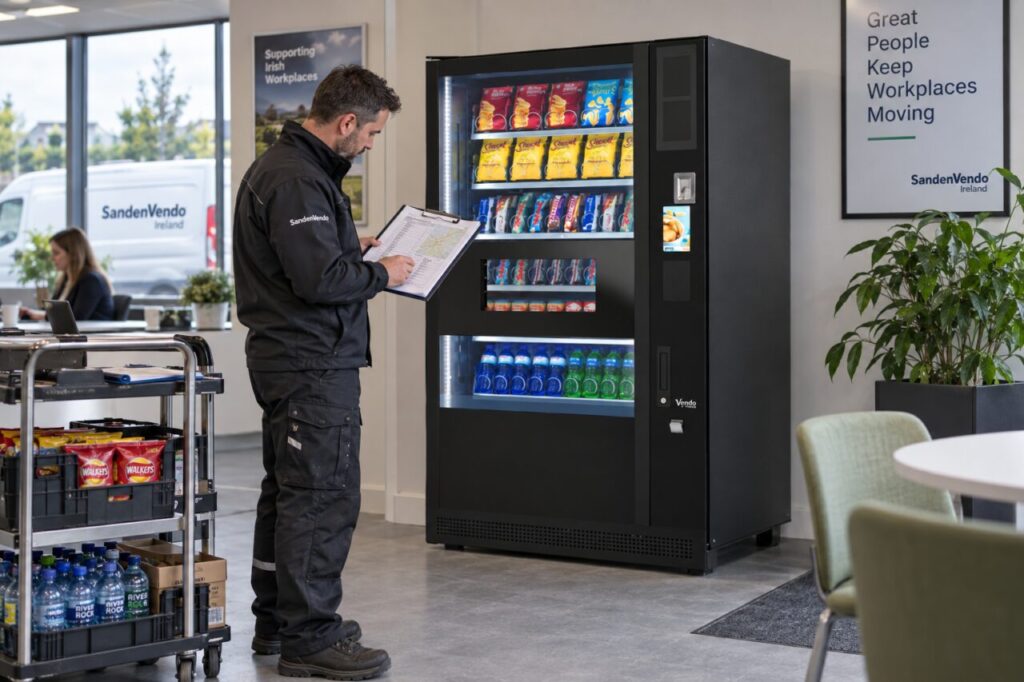 Route operator reviews travel and visit plans beside a vending machine