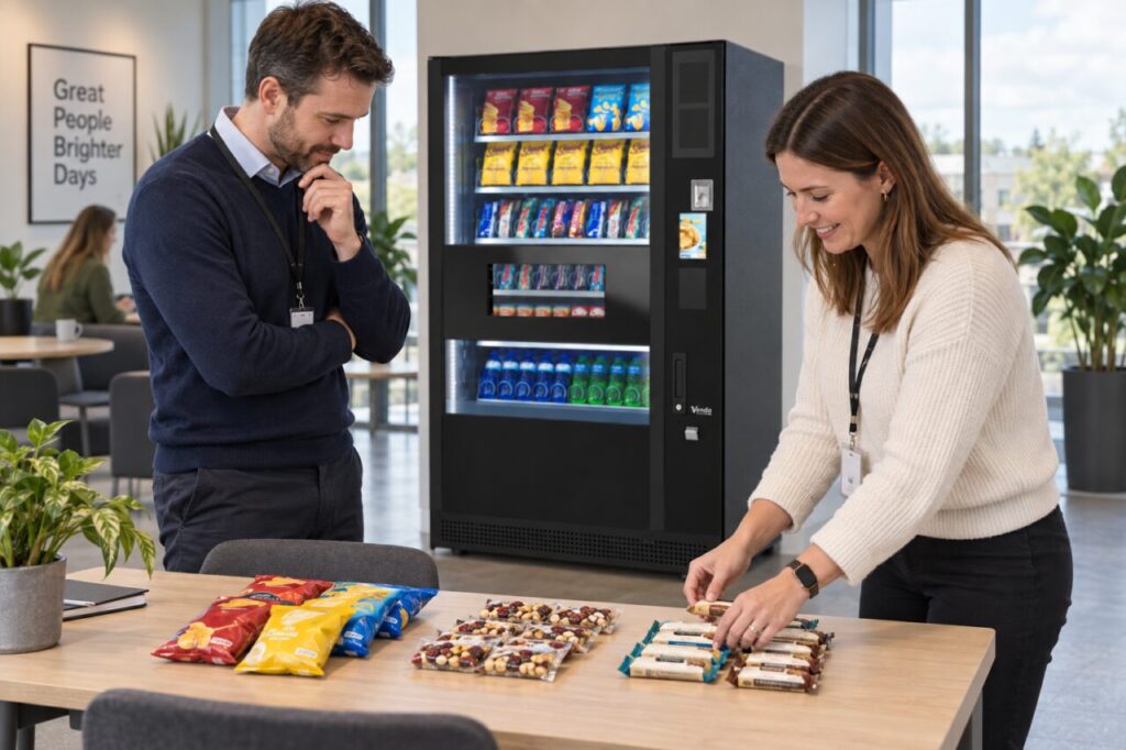 Buyer compares different snack types beside a vending machine