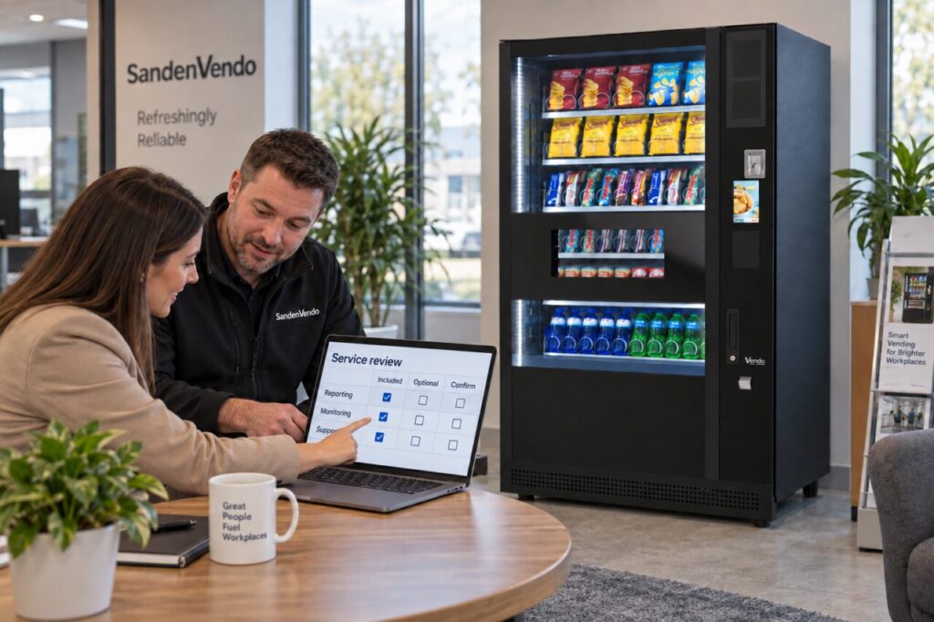 Buyer reviews included and optional software services beside a vending machine