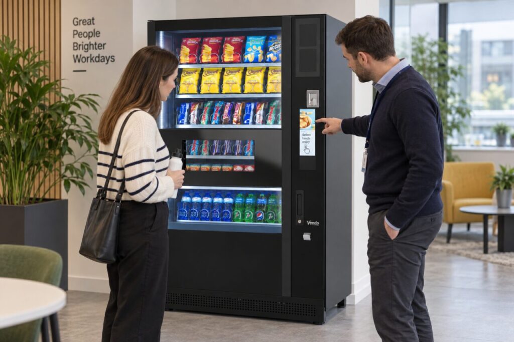 Workplace host explains pictorial vending instructions to a new user