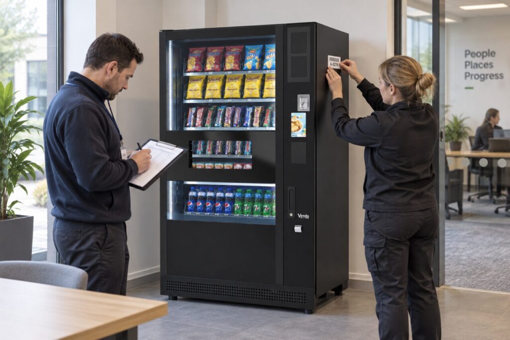 Coordinator labels a vending asset and checks its location record