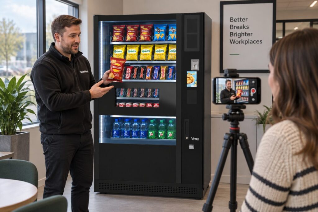 Seller demonstrates a vending machine during a live video inspection
