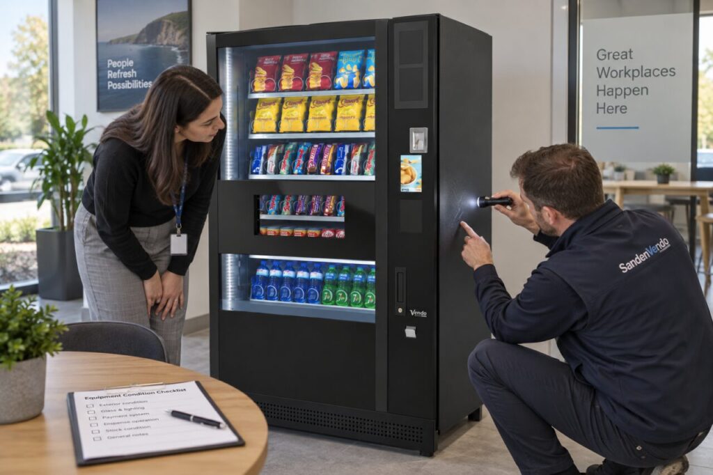 Buyer inspects the condition of a showroom vending machine