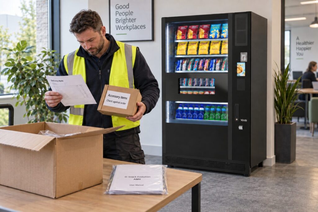 Receiving clerk compares vending delivery documents and accessories