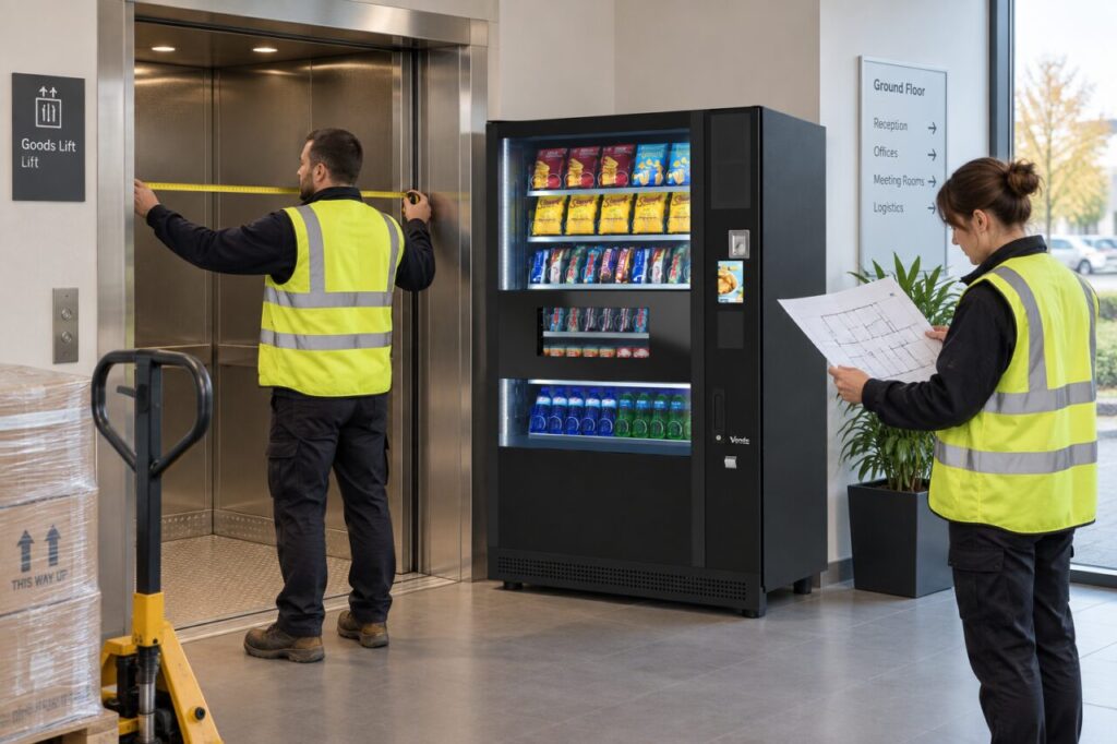 Delivery coordinator checks a goods lift beside a vending machine
