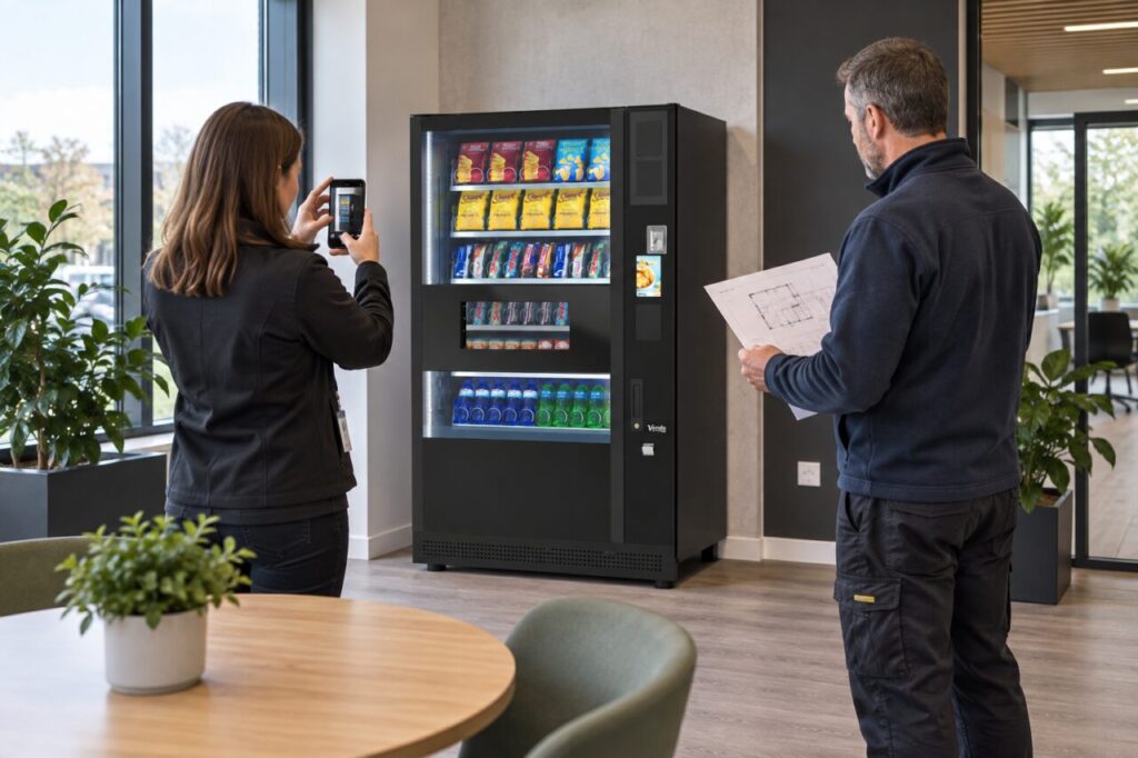 Facilities staff document the finished vending position after building work