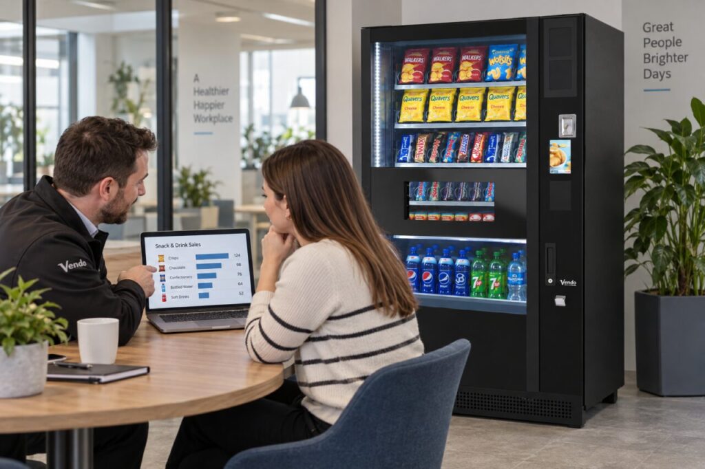 Buyer reviews an illustrative vending report beside the equipment