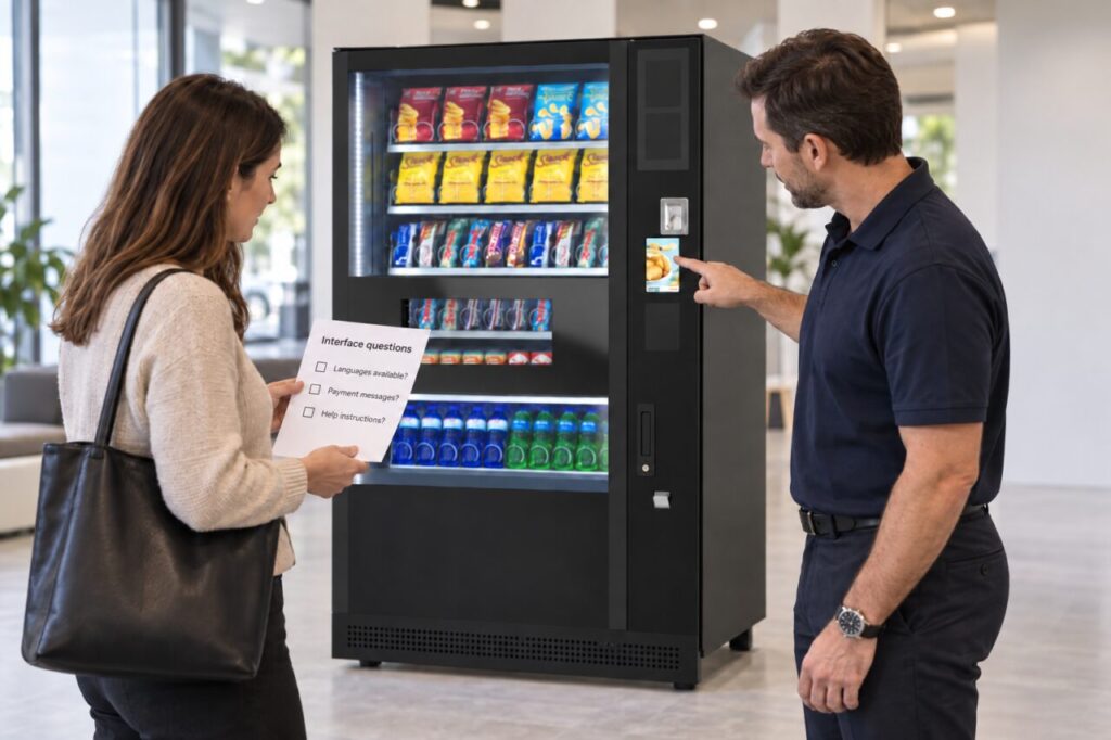 Buyer and supplier review interface instructions at a vending demonstration