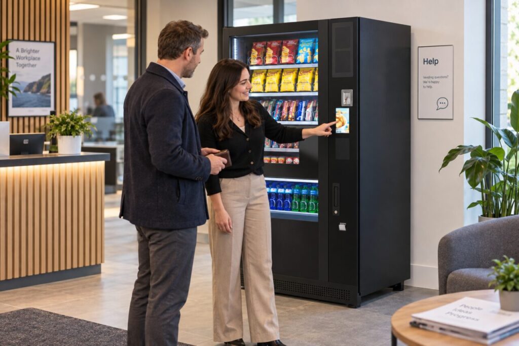 Office host helps a visitor understand the vending purchase journey