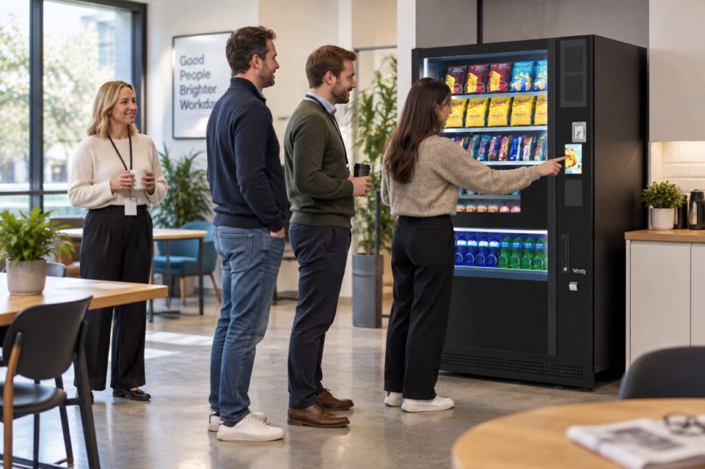 Coordinator observes a short workplace vending queue during a break
