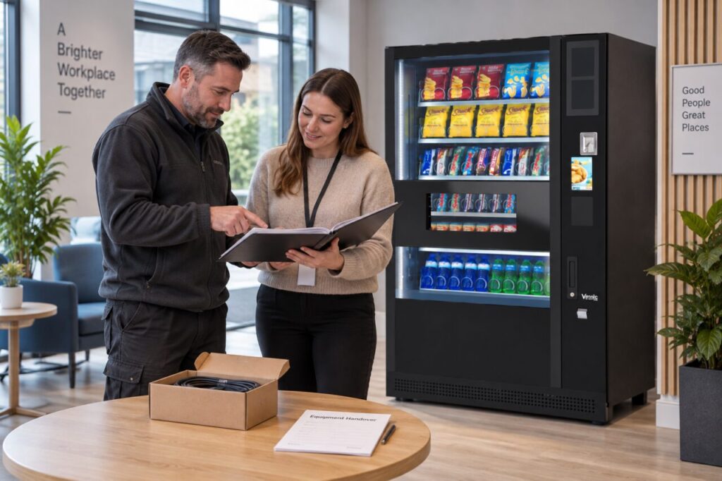 Site host checks collection paperwork beside hired vending equipment