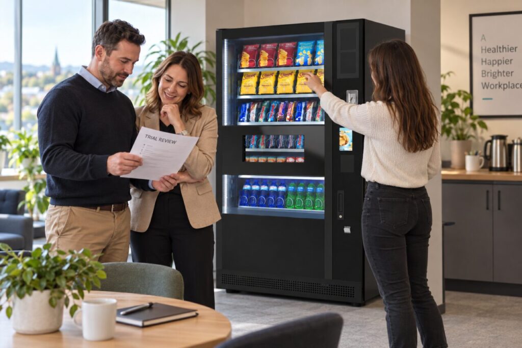 Managers discuss an employer-funded vending trial review