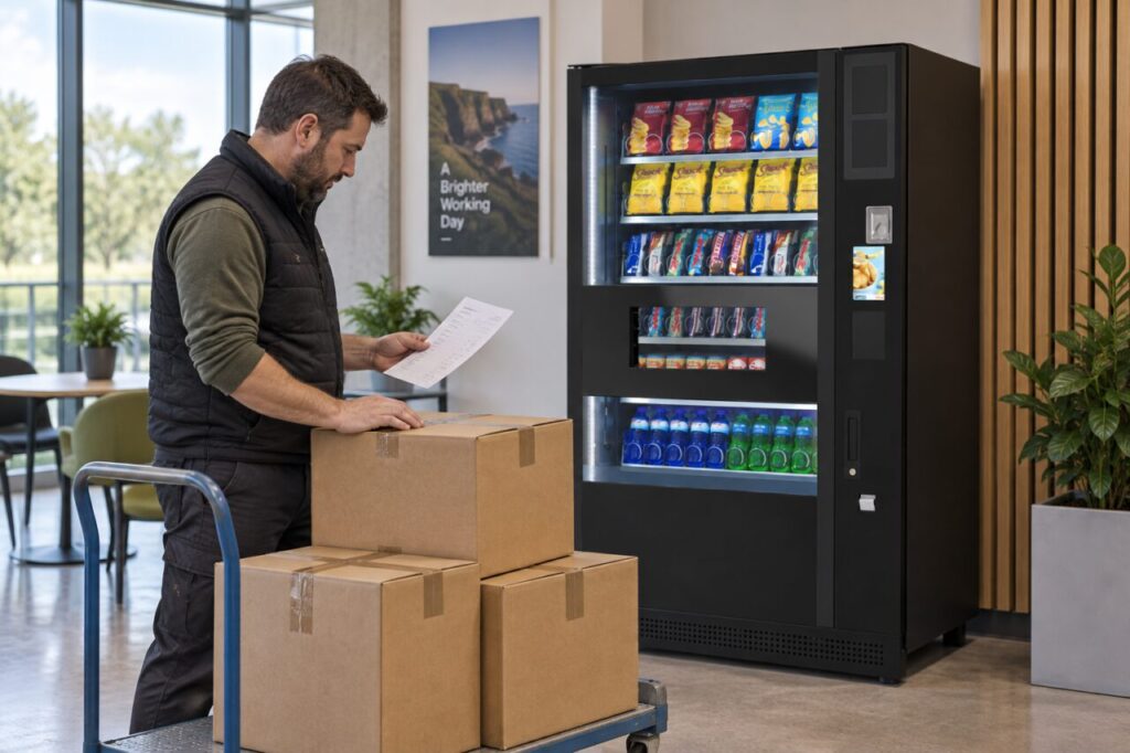 Stock receiver compares a delivery receipt with snack cartons beside vending