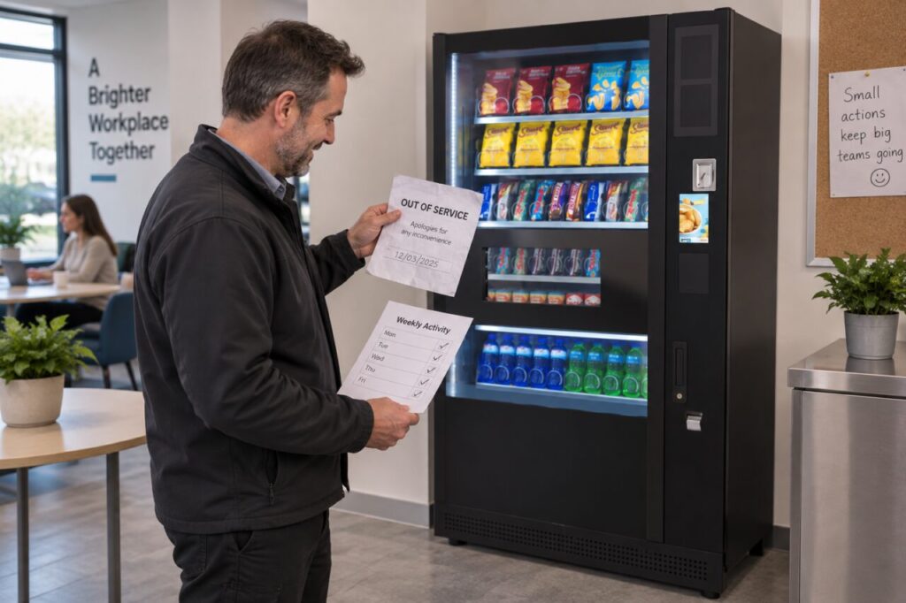 Coordinator reviews activity and availability records beside a vending machine
