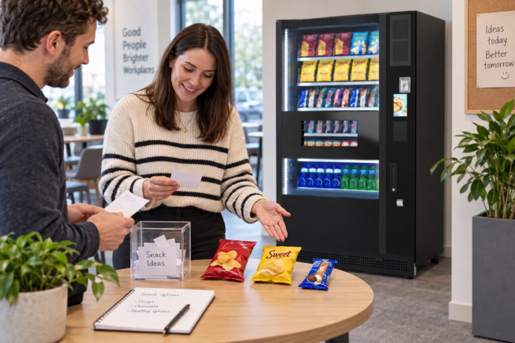 Workplace host reviews snack requests beside vending equipment