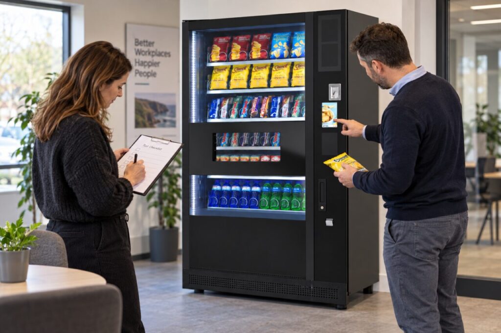 Supplier demonstrates a vending selection while a buyer records observations