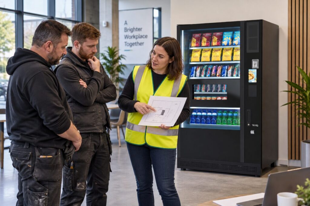 Site coordinator briefs delivery contractors beside a vending machine