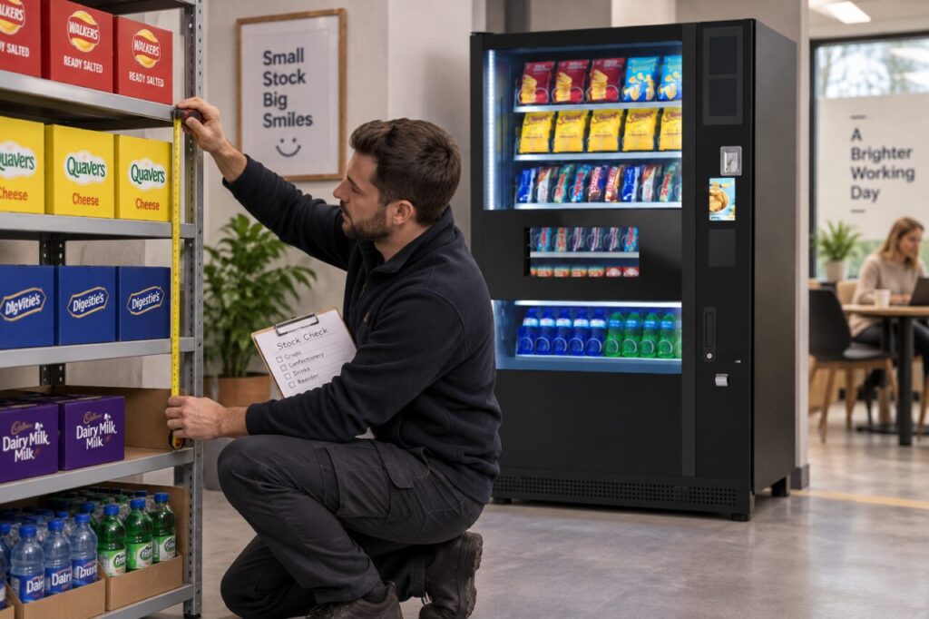 Stock coordinator checks case storage beside a vending machine