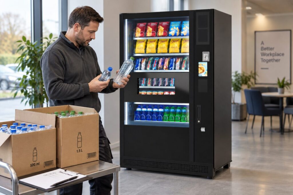 Operator compares changed bottle shapes beside vending equipment