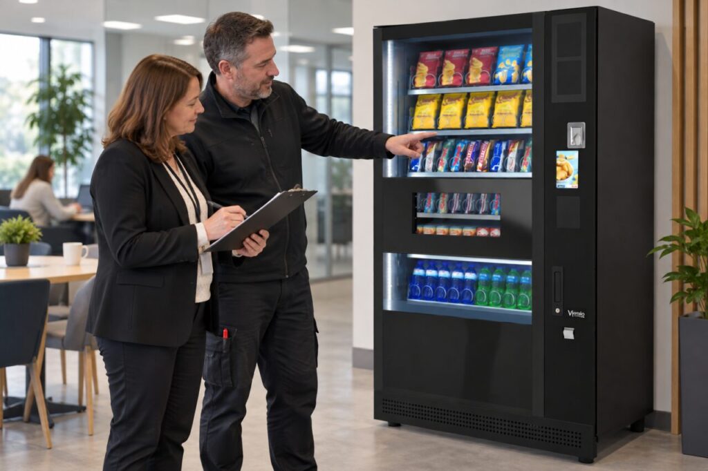 Finance and facilities colleagues review a shared vending purchase brief