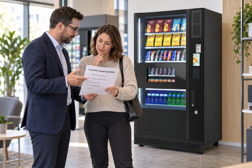 Buyer discusses the customer refund support process beside vending equipment