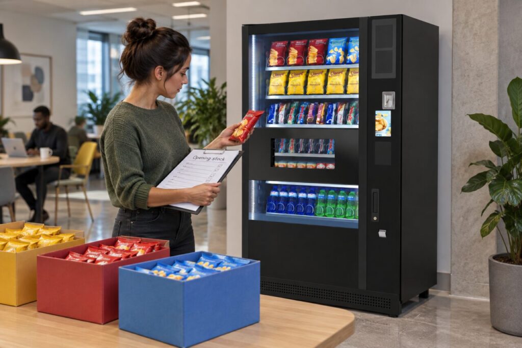 Operator compares opening-stock cartons with a vending order