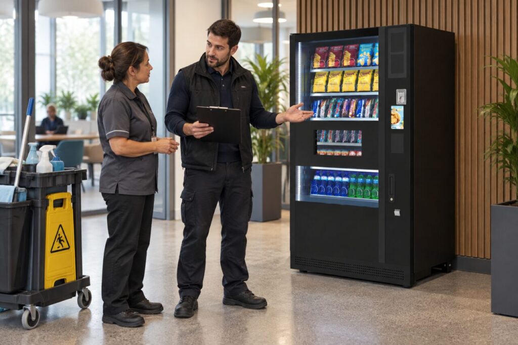 Site host explains vending cleaning boundaries to a new contractor