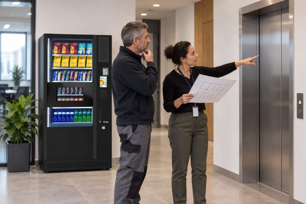 Office coordinator reviews a floor plan beside a vending machine