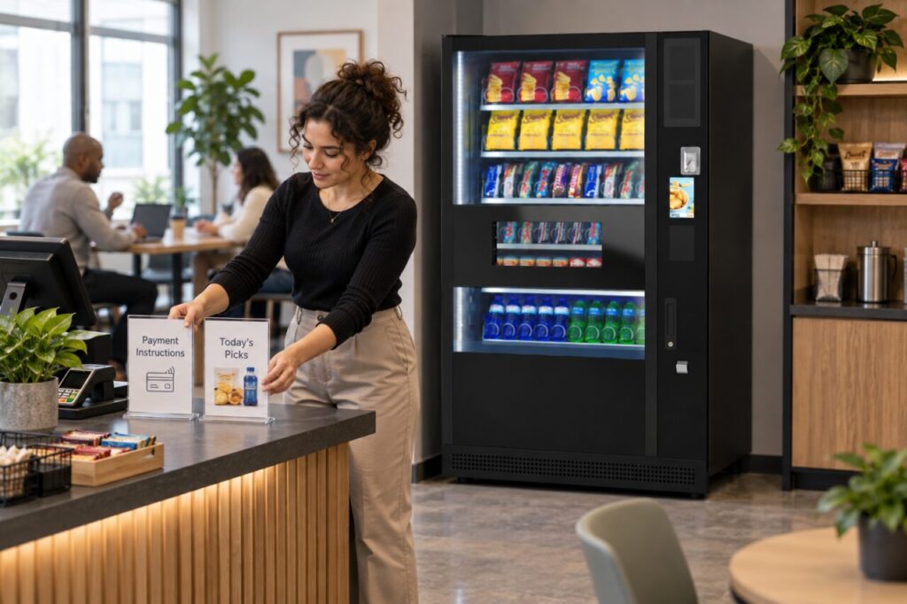 Host arranges payment notices separately from promotions beside a micro-market and vending machine