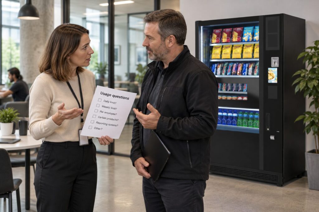 Employer and operator discuss usage-limit questions beside vending equipment