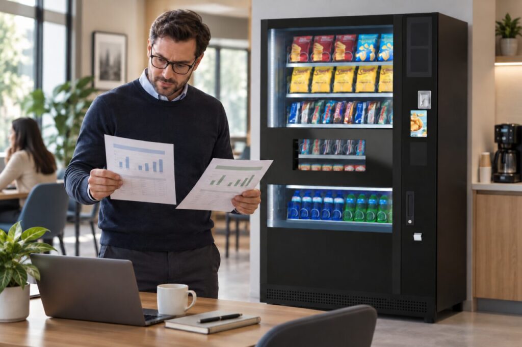Operator compares reporting periods beside vending equipment