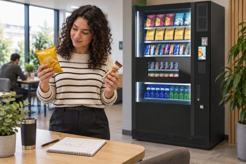 Operator compares two snack options for a vending trial