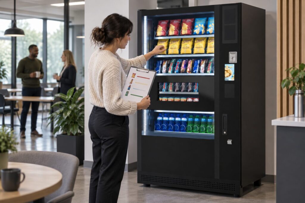 Site host checks the available snack range against a product list at a vending machine