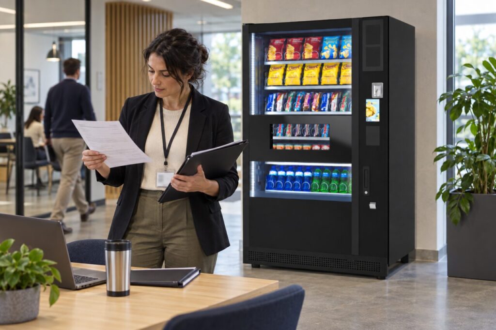 Site coordinator matches invoice and asset records beside a vending machine