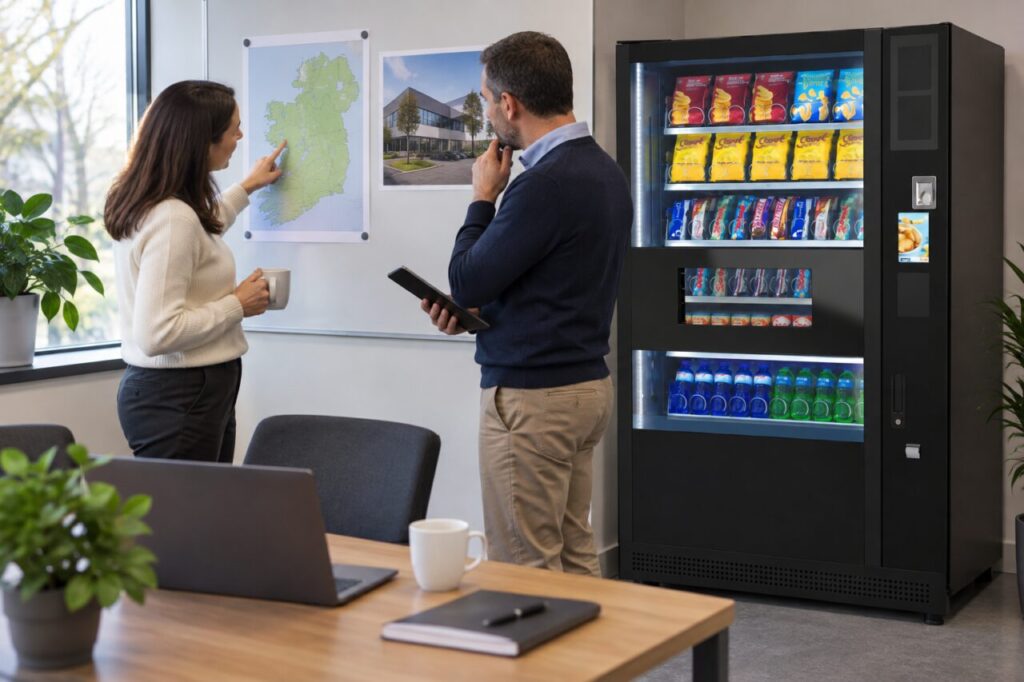 Buyer and supplier review site coverage on an Ireland map beside vending equipment