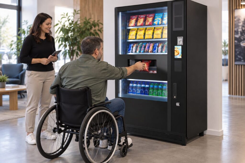 Wheelchair user tests product collection at a vending demonstration