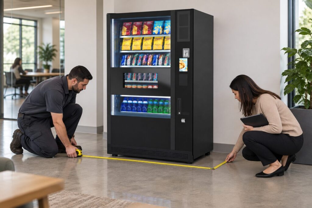 Technician measures working space beside a vending machine