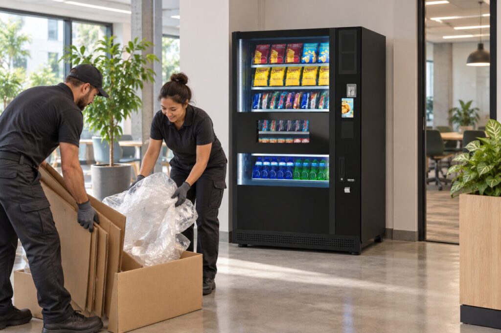 Delivery team collects protective packaging beside newly positioned vending equipment