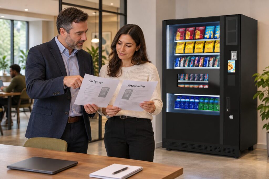 Buyer reviews a proposed alternative model beside vending equipment